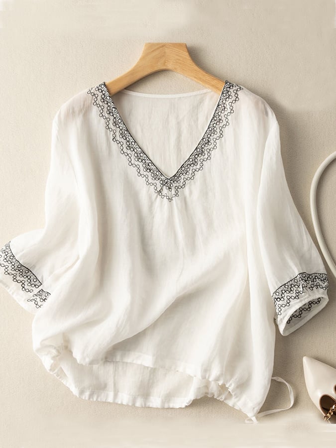 Fashion Embroidered V-Neck Cotton Shirt