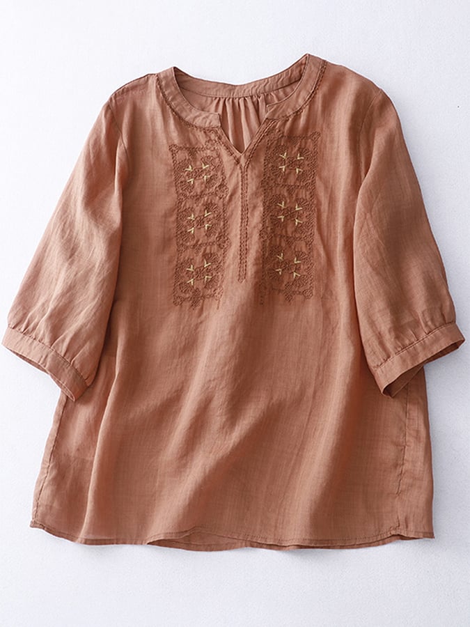 Cotton Linen Embroidered V-neck Casual Top