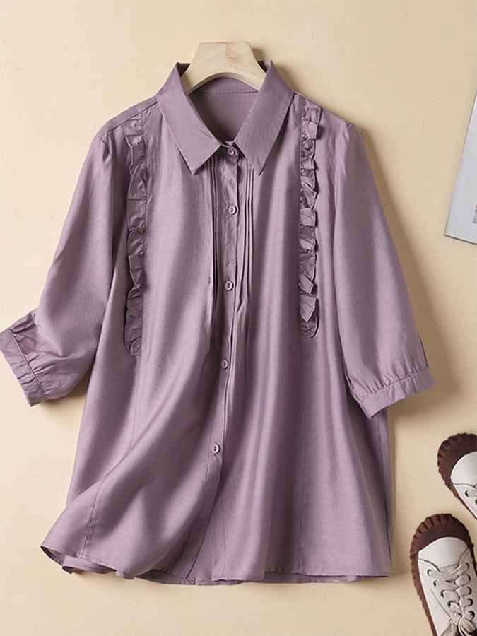 Solid Color Cotton Linen Short Sleeve Lapel Shirt