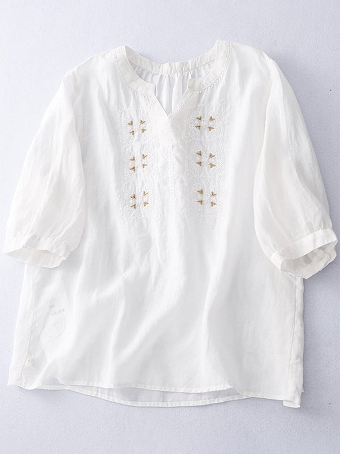 Cotton Linen Embroidered V-neck Casual Top