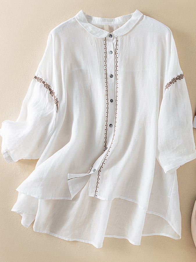 Fashion Embroidered Lapel Loose Cotton Linen Shirt