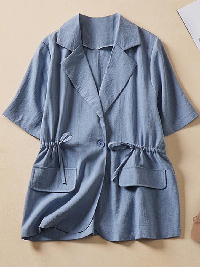 Cotton Linen Drawstring Loose Short Sleeved Suit Collar Shirt