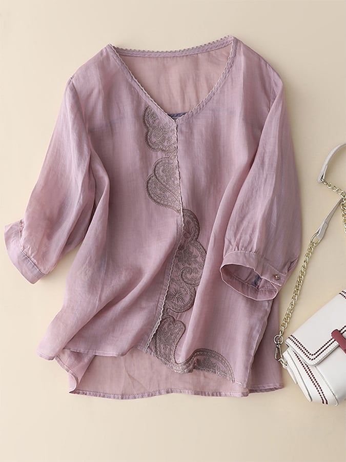 Solid Color Cotton And Linen Embroidered V-Neck Shirt
