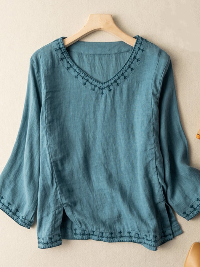 Fashion Embroidered V-Neck Cotton Shirt