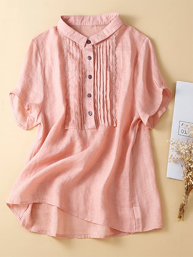 Solid Color Cotton Linen Lace Stitching Casual Shirt