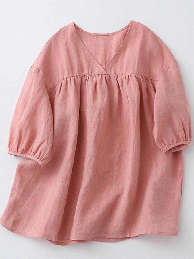 Cotton Linen V-Neck Solid Color Casual Top
