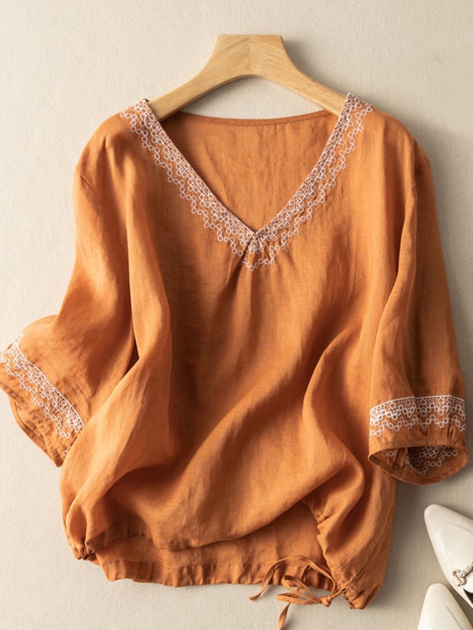 Fashion Embroidered V-Neck Cotton Shirt